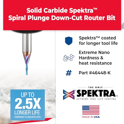 Image of Amana Tool Solid Carbide Spektra Extreme Tool Life Spiral Plunge Router Bit Down-Cut, 46448-K, 1 /16 Dia x 1 /4 CH x 1 /4 SHK 2 Inch L
