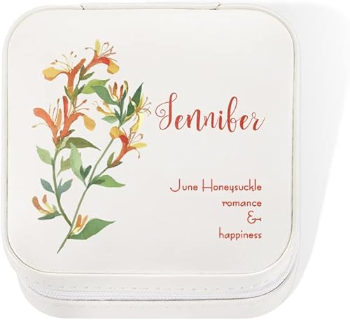 Joyero de viaje de cuero personalizado para mujer, con nombre grabado y flor de nacimiento, funda personalizada, estuche organizador de joyas, caja
