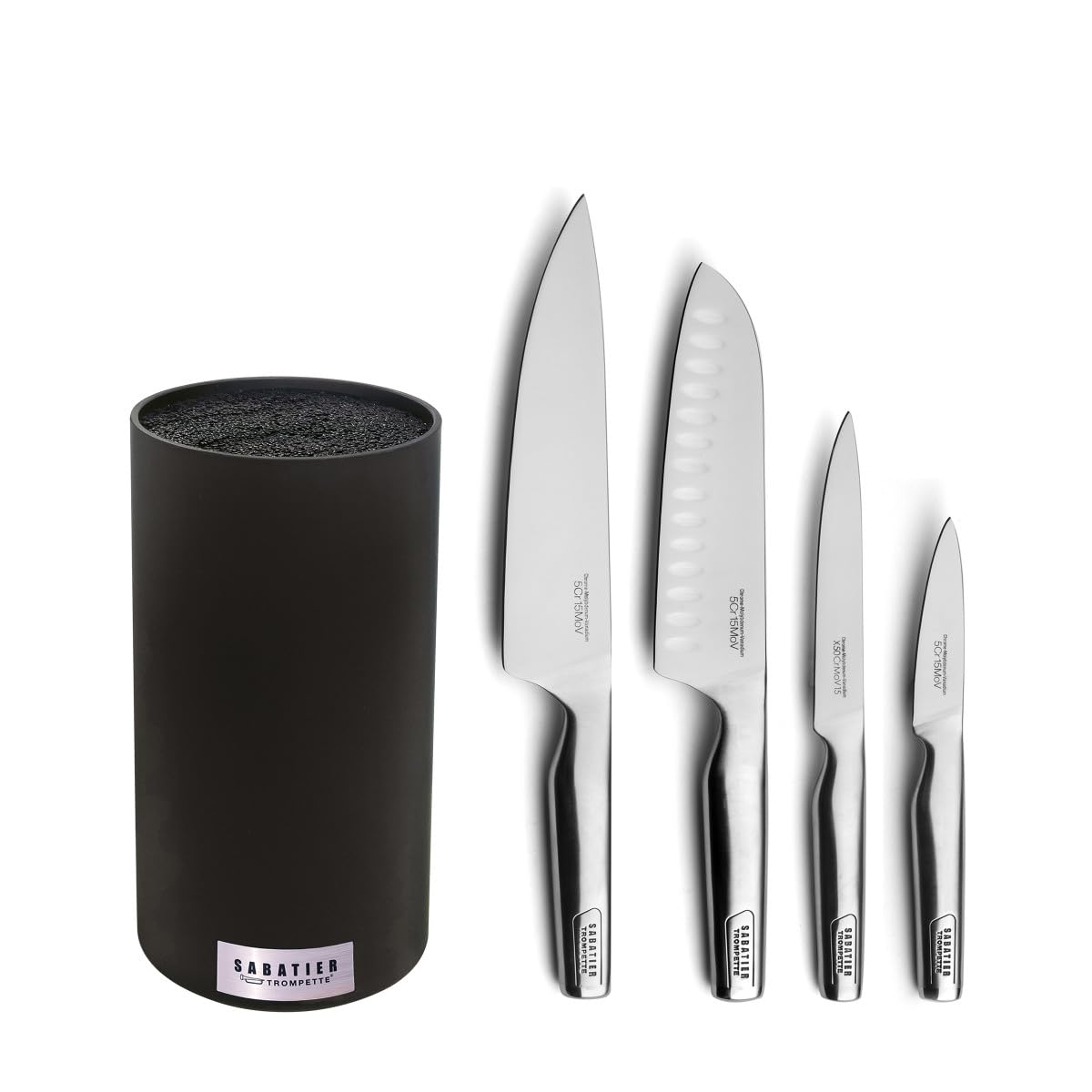 SABATIER TROMPETTE - Bloc tiges spaghetti rond avec 4 couteaux de cuisine : Utile, Office, Chef, Santoku - Asean - Acier 5Cr15MoV finition satinée manche tout inox - H 22 x D 11 cm - Inox