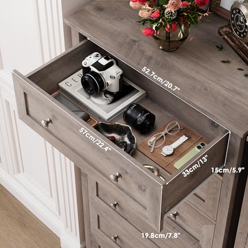 FACBOTALL 6 Drawer Dresser, 56'' Tall Dresser with Mental Double Handles, Chest of Drawers for Hallway Living Room, Wash Gray - Image 7