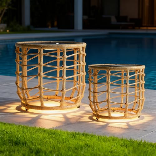 PARTPHONER Boho Solar Outdoor Side Table with Built-in Lights Set of 2 All-Weather Wicker Nesting Tables Round Waterproof Accent End Table Design for Patio Porch Garden & Balcony Natural Brown