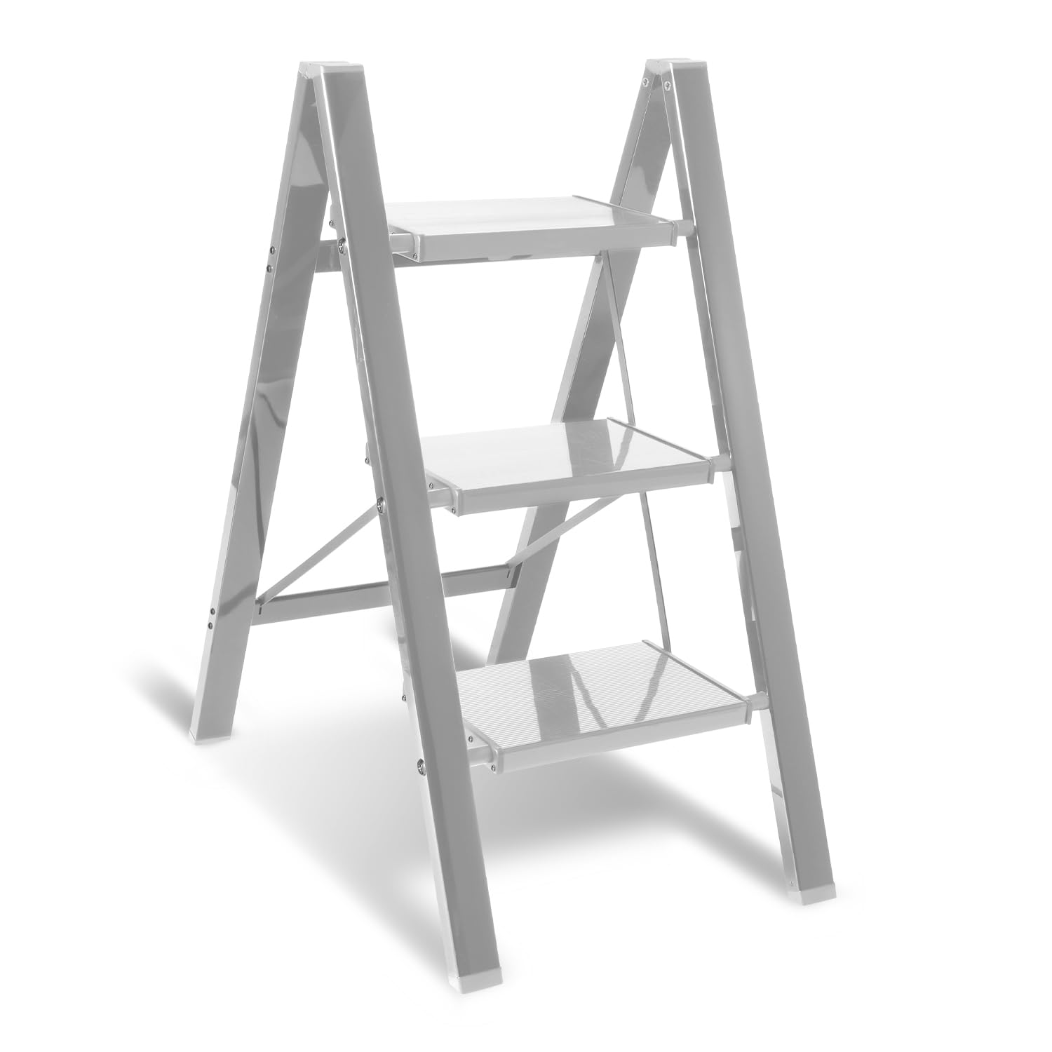 Drabina schodkowa, 3-stopniowa drabina, składana, aluminiowa drabina stojąca, antypoślizgowa drabina z zabezpieczeniem składanym, obciążenie do 150 kg, srebrna