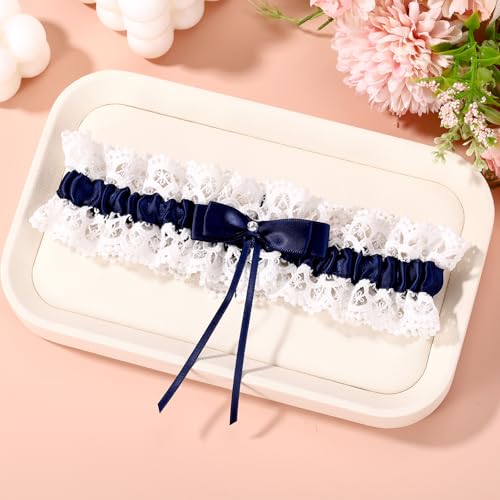 Image of Gosknor Bridal Wedding Garter, Lace Elastic Bow Leg Thigh Garter Belt Wedding Accessory for Women Girls Bride Shower Party