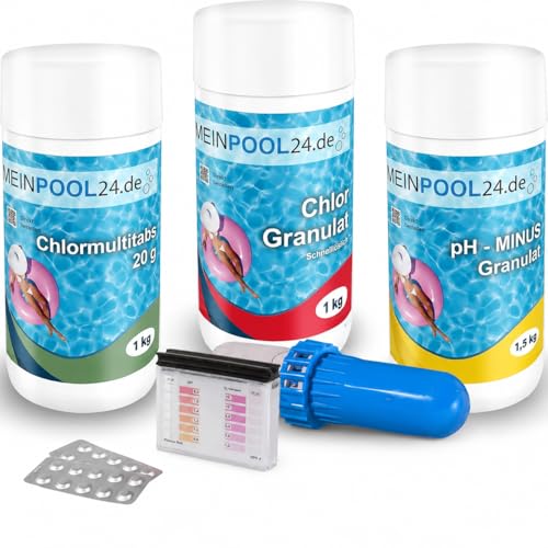 Meinpool24.de Wasserpflege Set Chlor Starterset I 1,0 kg Chlorgranulat schnelllöslich|1,0 kg Chlormultitabs 20 g|1,5kg pH-Minus Granulat|1 Dosierschwimmer|1 Wassertestkit pH/Cl|Wasserpflegeanleitung