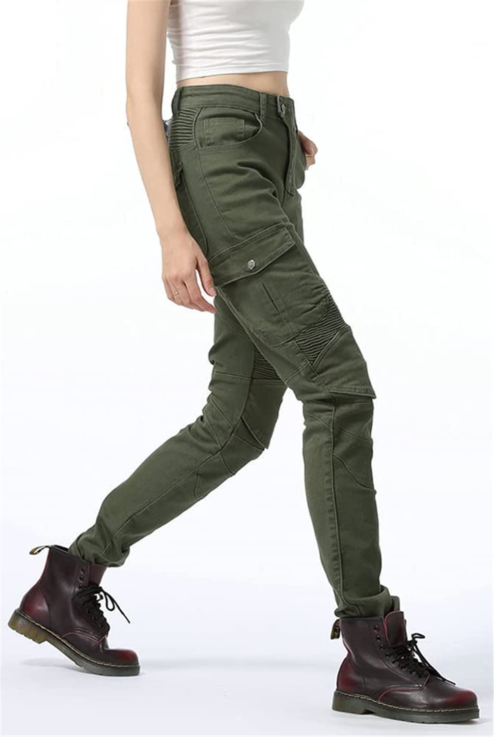 LINGKY Pantaloni da Moto da Donna Equitazione Pantaloni Motorcycle Biker Jeans Protezione Rinforzato Ginocchio Anca Pads (ArmyGreen,S)