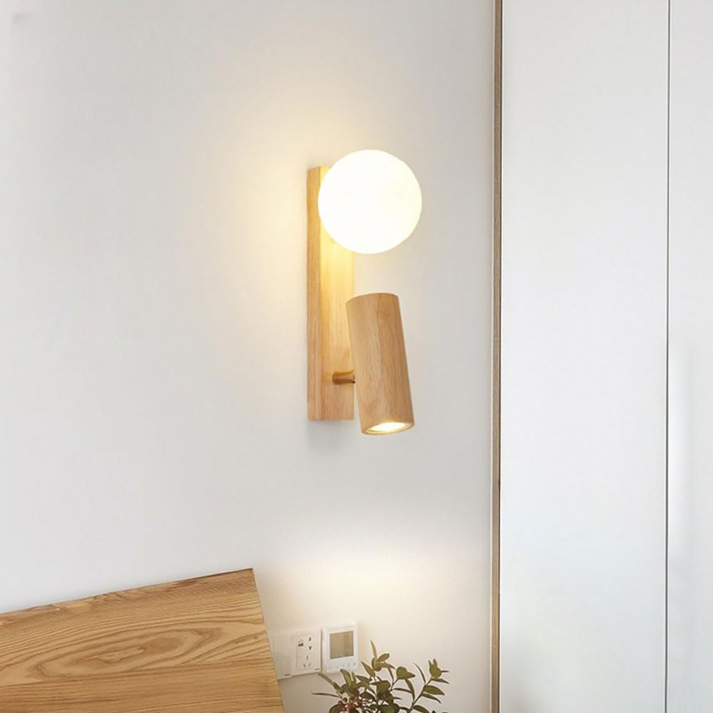Aplique de Pared nórdico de Madera con Globo, Soporte Ajustable, luz de Lectura, Apliques de mesilla de Noche, luminaria Moderna de Madera para Dormitorio y Sala de Estar.