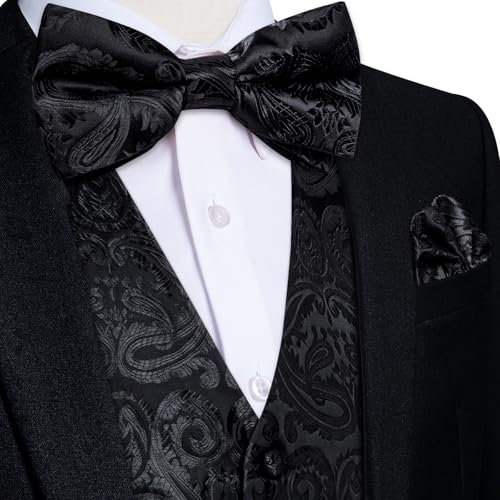 Image of DiBanGu Mens Paisley Suit Waistcoat,Silk Dress Vest and Bowtie Pocket Square Cufflinks with Lapel Pin Set for Wedding Tuxedo