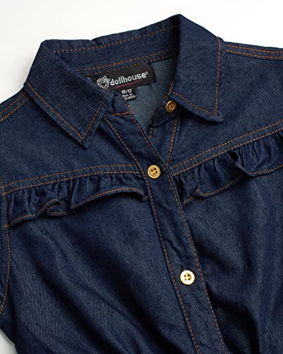 Dollhouse Girls' Denim Dress - Belted Long Sleeve Roll-Up Soft Denim Jean Dress (Size: 7-16), Size 10-12, Dark Denim Ruffles #TOP3