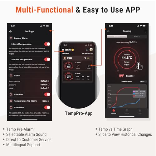 ThermoPro TempPro Fleischthermometermit 2 Sonden Grillthermometer 150 Meter, Empfängt Bluetooth Bratenthermometer mit Timer und Alarmfunktion, Thermometer Kochen für Fleisch, Grill, Ofen 6