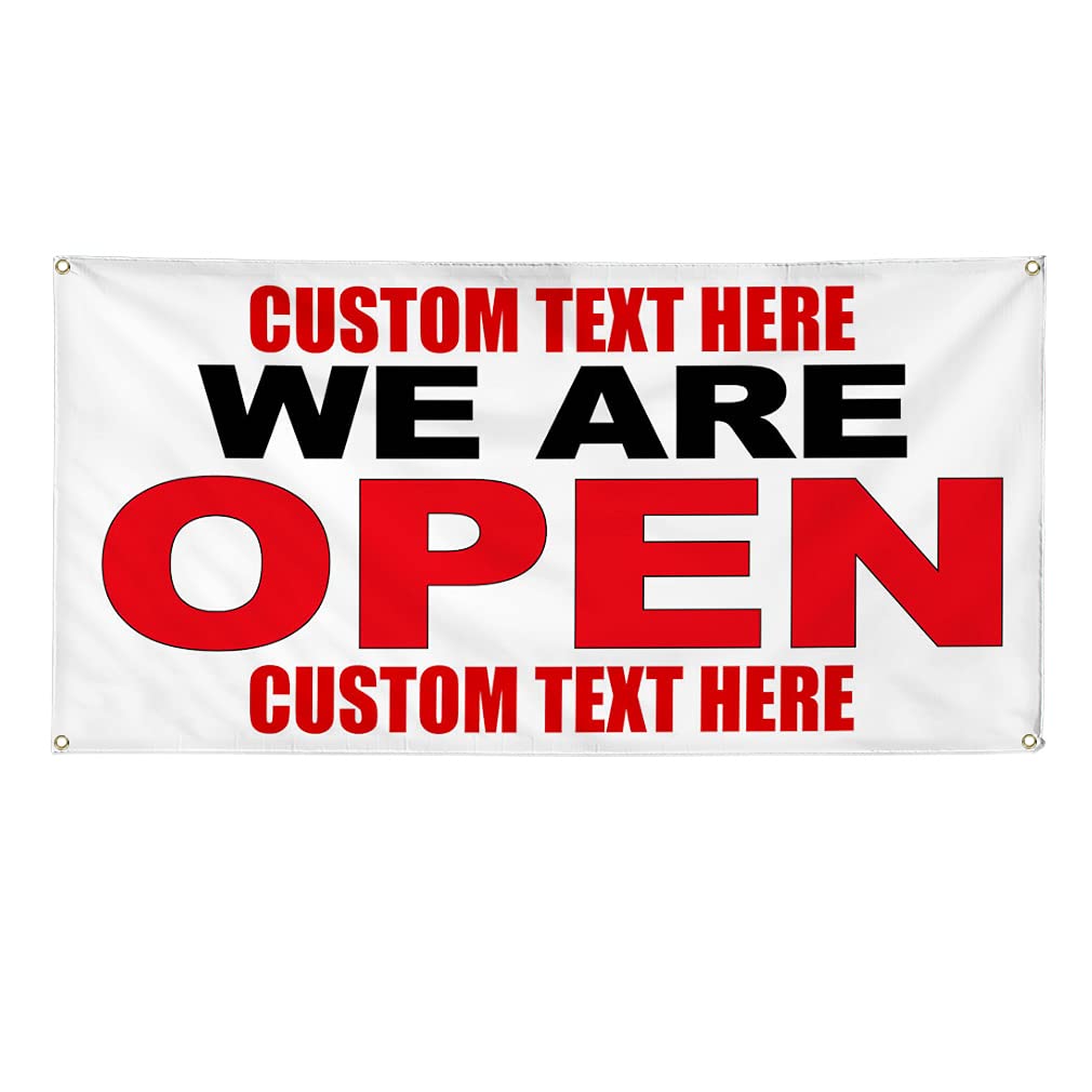 Custom Vinyl Banner Multiple Sizes We Are Open Black Red Now Open Outdoor Weatherproof Industrial Yard Signs 4 Grommets Personalized Text Here