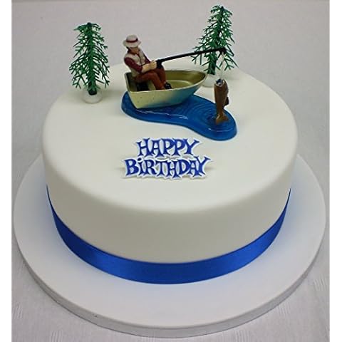 Fisherman Ornament Ribbon & Happy Birthday Motto Cake Topper Set Cover