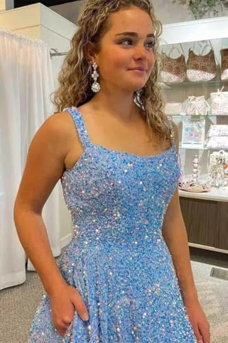 Image of ALFEICE Sparkly Sequins A Line Prom Dresses Long Spaghetti Straps Party Dresses Backless Wide Hem Ball Gowns for Women