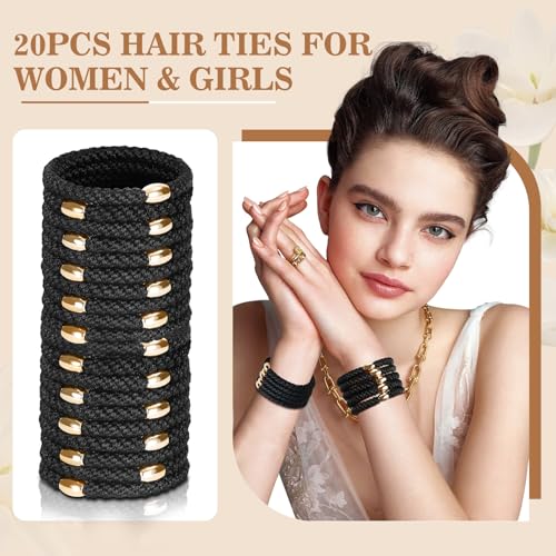 Image of FORENEE Hair Ties No Damage - 20PCS Ponytail Holders - Elastic Hair Ties for Thick Hair - Braided Hair Bands for Women Girls's Hair - Black