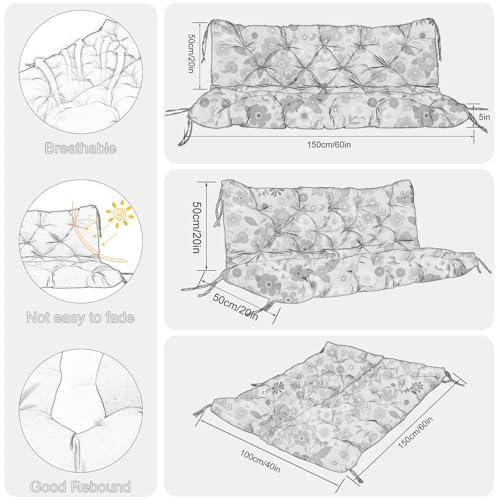 Image of Porch Swing Cushions Outdoor 60 inch x 40 Waterproof Swing Cushions 3 Seater Replacement with Backrest & 8 Ties 5 inch Thick Bench Swing Cushions for Outdoor Furniture Patio(Floral Pattern)