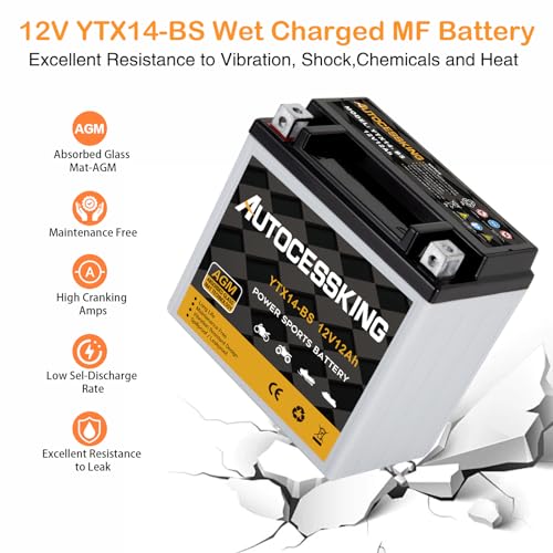 Image of Autocessking YTX14-BS 12V 12Ah Motorcycle Battery, Rechargeable Sealed AGM Battery Maintenance Free Powersport Replacement Battery for ATV and Scooter