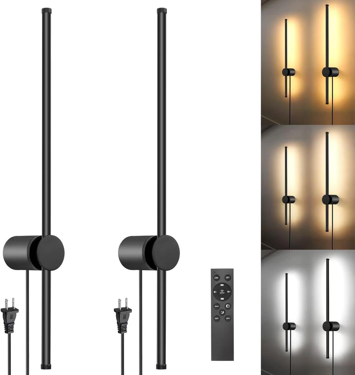 Wall Sconces Set of Two with Remote, Stepless Colors 3000K-6500K & Stepless Dimming, Hardwire or Plug-in, 180° Rotate, LED Black Plug in Wall Sconces with Timer & Night Light, 23.6 Inches