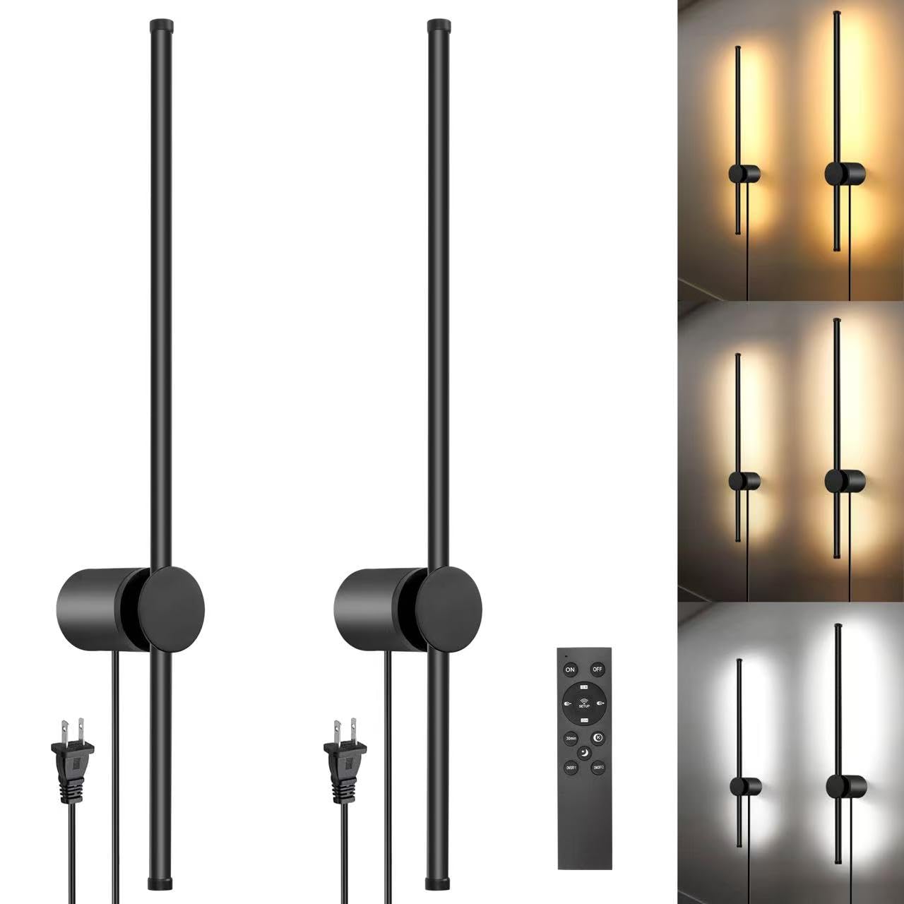 GOODATE Wall Sconces Set of Two with Remote, Stepless Colors 3000K-6500K & Stepless Dimming, Hardwire or Plug-in, 180ยฐ Rotate, LED Black Plug in Wall Sconces with Timer & Night Light, 23.6 Inches โ image 1