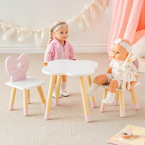 ROBOTIME 18 Inch Doll Table and Chairs Set, Wooden Doll Furniture Dining Table with 2 Chairs, Pink Doll Furniture Set for Pretend Play, Doll Furniture for 18 Inch Dolls