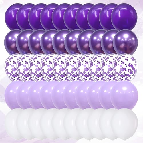 Image of Purple and White Balloon Garland Kit with Chrome and Confetti Balloons, Birthday and Anniversary Decoration, pack of 58 Pcs