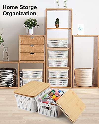 Plastic Storage Baskets With Bamboo Lid Pantry Organization And Storage Containers Lidded Storage Bins Container Organizer For Shelves Drawers Desktop Closet Playroom Classroom Office, 6 Pack #TOP4