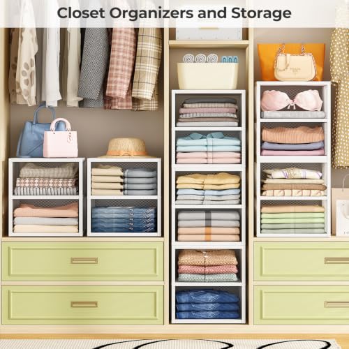 DAOUTIME 4-Tier Stackable Closet Organizers and Storage Shelves, Closet Storage Basket with Wood Tops Extra Storage, Clothes Sweaters Organizer Bins/Cube Storage Drawer for Home Wardrobe, White by DAOUTIME - Used condition - Image 3