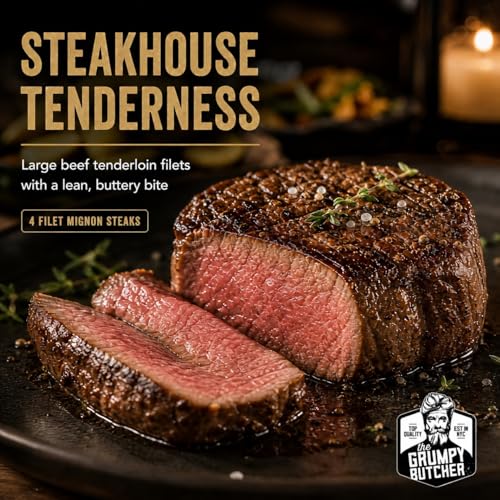 Image of Grumpy Butcher Aged Large Filet Mignon Steak, 4 Pack | USDA Top Choice Beef Tenderloin Filets With Gift Box Option Ships Frozen