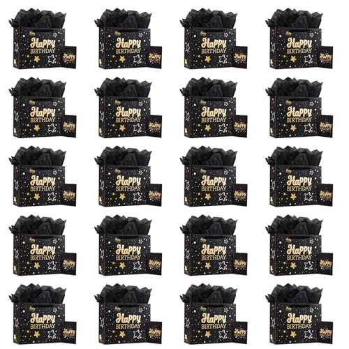 Image of 13 inch Black Happy Birthday Gift Bag with Tissue Paper and Greeting Card for Party,Happy Birthday Gift Bag for Men Women,Gift Bags Medium size(20 PCS Black Hot Stamping)
