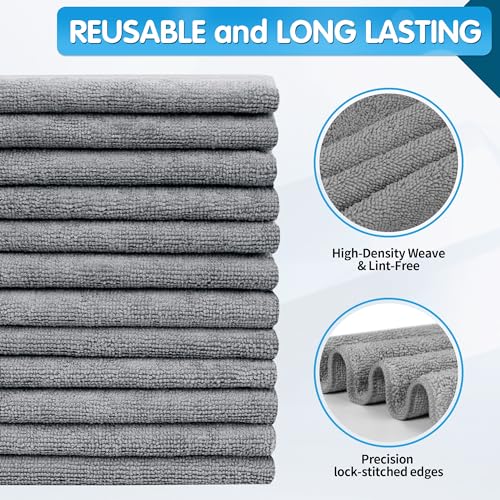 FIXSMITH Grey Microfibre Cleaning Cloth -Pack of 12, Highly Absorbent Cleaning Rags, 12"X16" All Purpose Cleaning Towels for Housekeeping, Kitchen, Car, Lint Free and Reusable Microfiber Towels