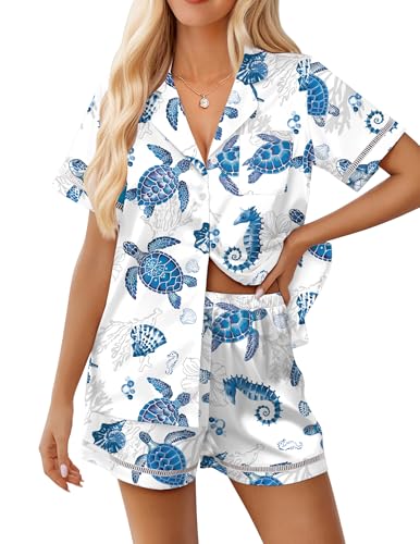 Image of Ekouaer Womens Silk Pajama Sets Button Up Satin Pjs Short Sleeve 2 Piece Pj Sets Cute Lounge Sets with Chest Pocket