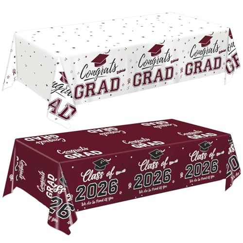 Image of Oigco 2 Pack Maroon Graduation Tablecloths, Graduation Decorations Class of 2026, Congrats Grad Plastic Table Cloths for Graduation Party Decorations, 54 x 108 Inch