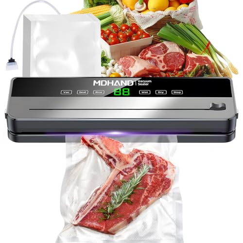 MDHAND Vacuum Sealer - 6 IN 1 Food Saver Vacuum Sealer Machine with 30 Bags & Built-in Cutter, Multi-Functional Strong Suction Automatic Sealing & Dry & Moist Modes Ideal for Home Kitchen Use
