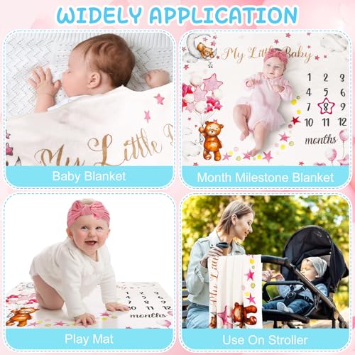 Image of Bear Monthly Milestone Blanket for Baby Girls Bear Star Balloon Flannel Blanket Newborn Infant Swaddle Baby Growth Blanket Photography Background with Wooden Signs,Frames,Headband