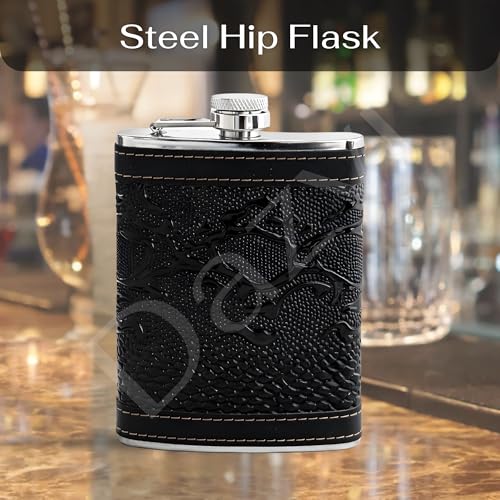 Image of Hip Flask with Funnel Pocket 240 Ml Stainless Steel for Men & Women 8oz - Whisky Vodka Alcoholic Liquor Holder Drinks Carrying Case Leakproof Travel Flasks Drinks, (Snake Skin Leather)