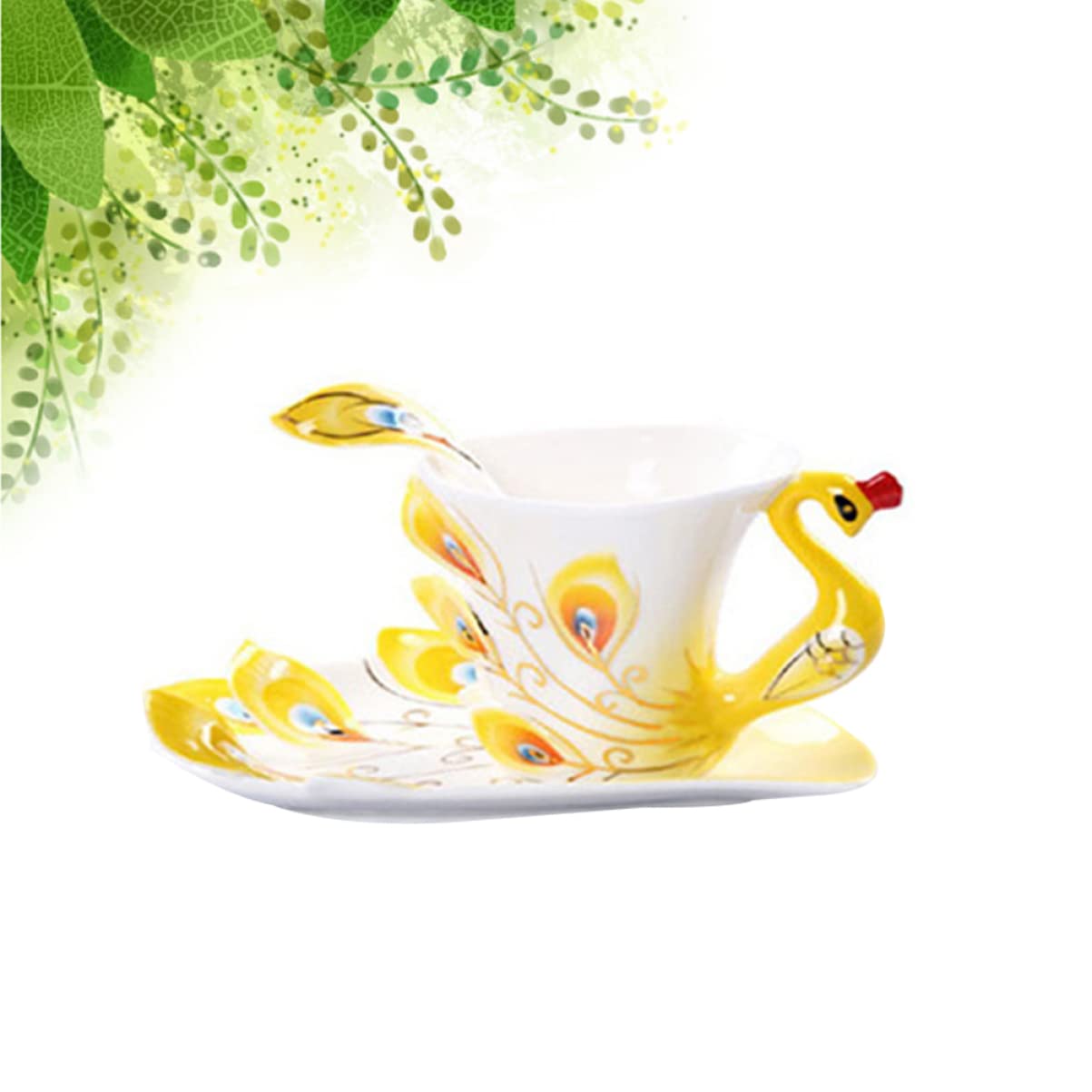 HEMOTON Set Tazzine da Caffè in Porcellana Giallo Piattino e Cucchiaio Design Ergonomico per Colazione o Tè Pomeridiano