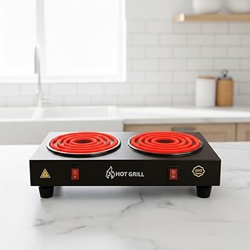 Hot Grill Electric Double Burner Cooktop 2000W | Compact Hot Plate Stove with Separate Switches | Shock Proof Safe Body | Ideal for Kitchen, Hostel, Office & Travel Cooking