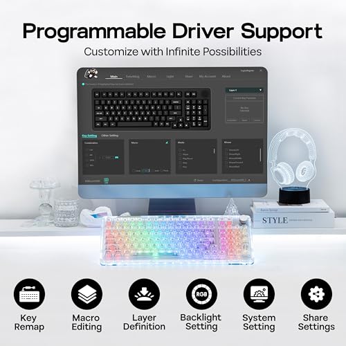 Image of KiiBoom Phantom 98 Crystal Mechanical Gaming Keyboard, Transparent Keyboard with RGB Backlits, Hot-Swappable, Shine Through Clear Keycaps, 3 Modes Wireless, 8000mAh Battery, NKRO for Win /Mac (Clear)