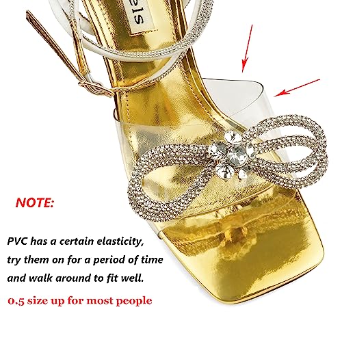 Image of Zzheels Double Bowknots Crystal Clear Heels Strappy Sandals | Clear Slingback Heels, Sparkly Rhinesotne Bow, Square Toe, Party, Dating