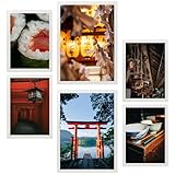 Nacnic Set de 6 Cuadros Japon, shushi, Tokio y costumbres. Tonos vintage ilustración de diseño para decorar las paredes del hogar. Habitación A3 y A4 Marco blanco