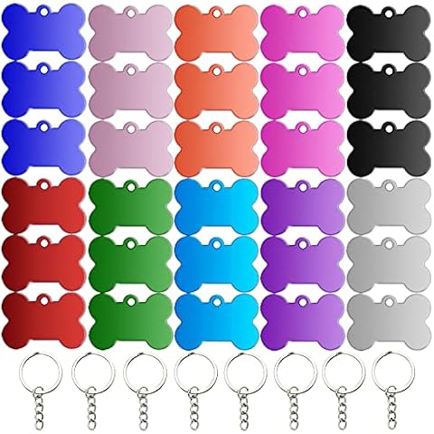 Hundemarke Knochen Hundemarken aus Aluminium 30Stk Erkennungsmarke Rohling 2,5 x 3,8cm Adressanhänger hund Wasserdicht mit Hundemarke Kette für DIY Hunde und Katzen Haustier-Erkennungsmarke Cover