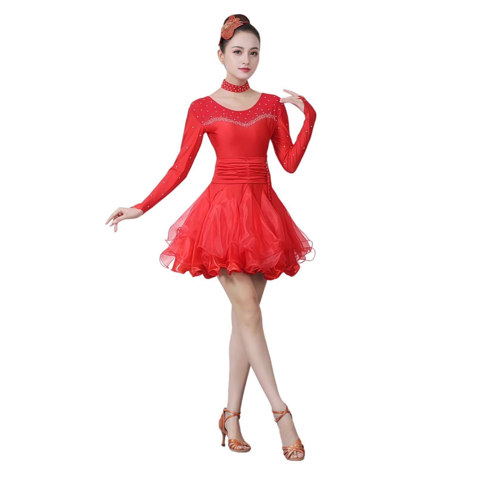 Abito da Competizione per Balli Latino-Americani da Donna, Elegante Costume da Esibizione A Maniche Lunghe di Colore Rosso con Scollo Rotondo E Strass per Cha-Cha Rumba Samba