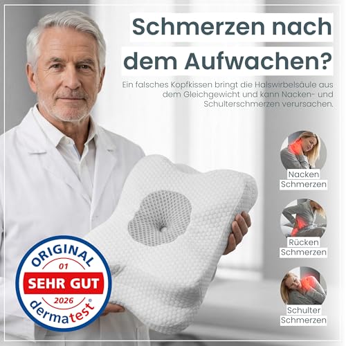 Orthopädisches Nackenstützkissen bei Nackenschmerzen aus hochwertigem Memory Foam - Ergonomisches Nackenkissen - Kopfkissen für Seiten-, Rücken- & Bauchschläfer - waschbarer Bezug bei 40°C