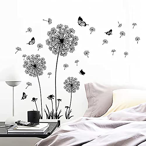 Yuemoon Wall Decals For Bedroom Living Room, Large Dandelion Flowers Wall Stickers & Murals 2 Sets, Big Black Peel And Stick Wall Decor With Butterflies #TOP3
