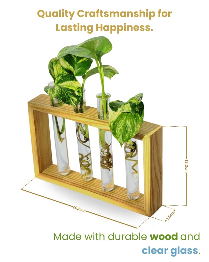Image of Pilwals Modern Wooden Test Tube Vase, Multi-Tube Hydroponic Propagation Station, Desktop Propagation Station, Flower Holder for Home Office Decor, Four Test Tube Planter with Wooden Stand Pine Wood.