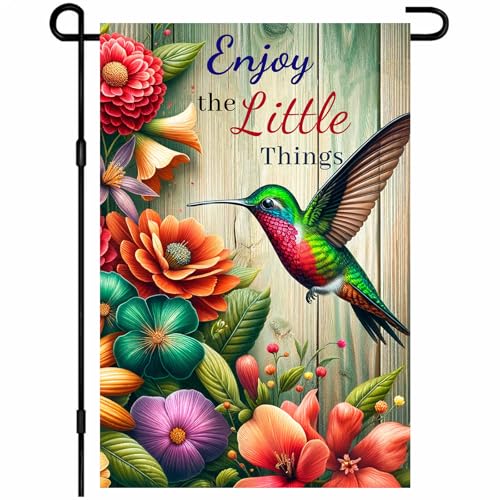 IVN Hummingbird Spring Garden Flag 12x18 Inch Enjoy The Little Things Quote Rustic Flower Wood Daisy Colorful Wildflower Floral Garden Double Sided Vertical Small Yard Flag Seasonal Outdoor Decoration for Outside Home Front Door Lawn Porch Patio Spring Summer Decor