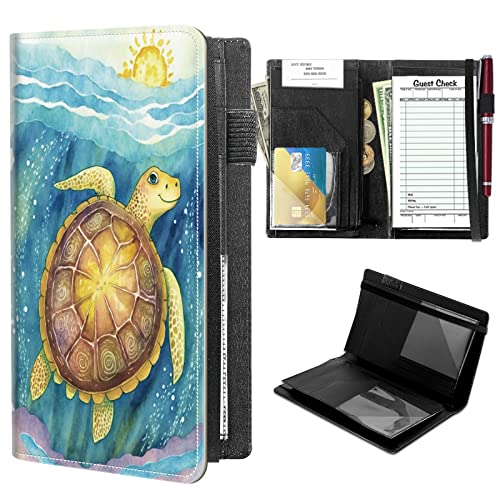 High Volume Server Books, Sea Turtle Ocean Server Book w/ 2 Expandable Pockets 9 x 5 Cute Waitress Book Zipper Pocket & Strap Closure Waitstaff Organizer Server Booklet Waiter Money Wallet