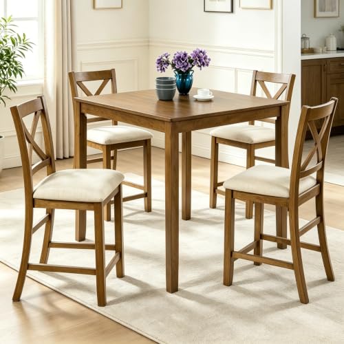 Image of LUMISOL 5-Piece Dining Table Set for 4, Farmhouse Counter Height Kitchen Table with 4 Padded Chairs, Solid Wood Square Table and Chairs Set for Dining Room, Kitchen, Oak