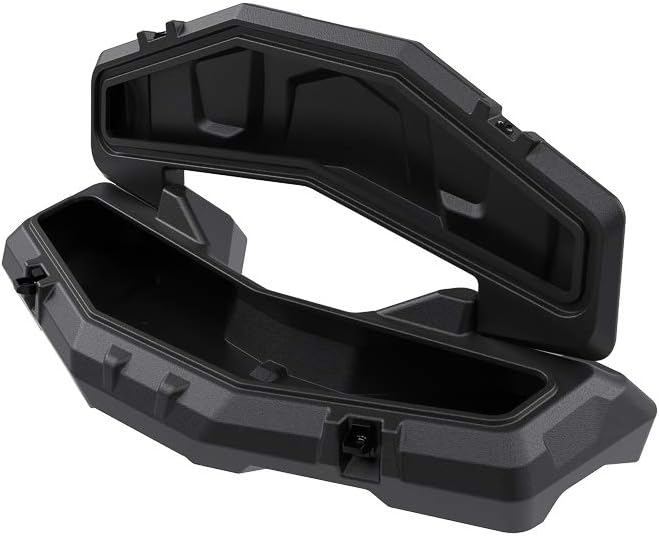 ከላይ ወደታች view of the CFMOTO Front Box with the lid fully open, showing the full storage capacity