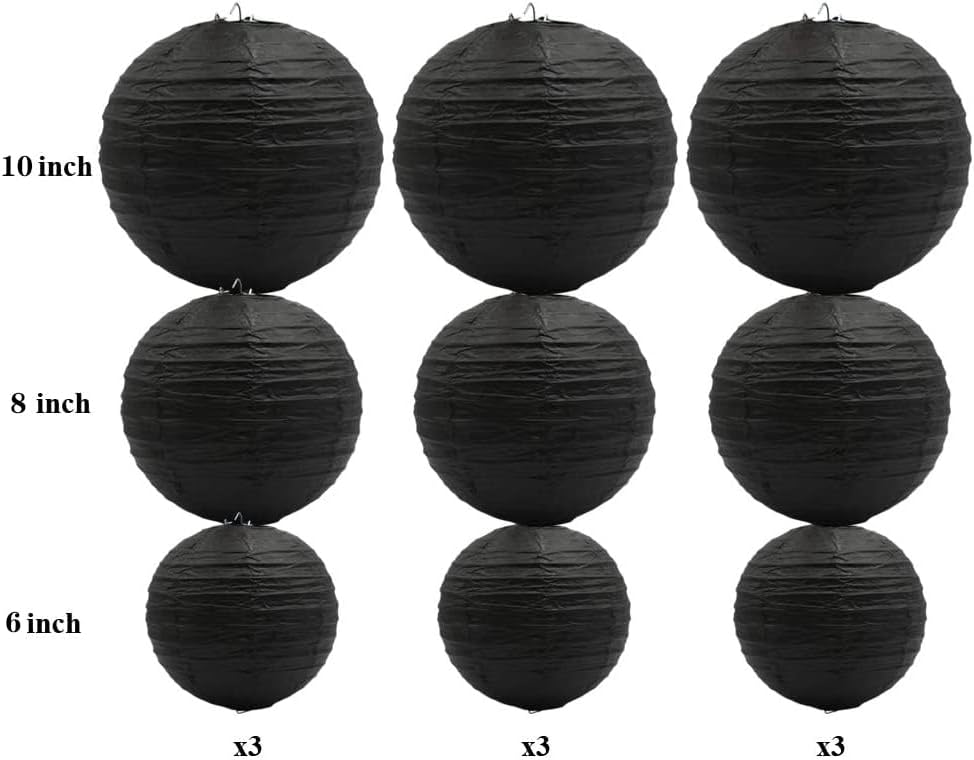 ADLKGG Round Hanging Paper Lanterns Decorations, Party Wedding Birthday Baby Showers Halloween Supplies, Black 10",8", 6", 9 Pack