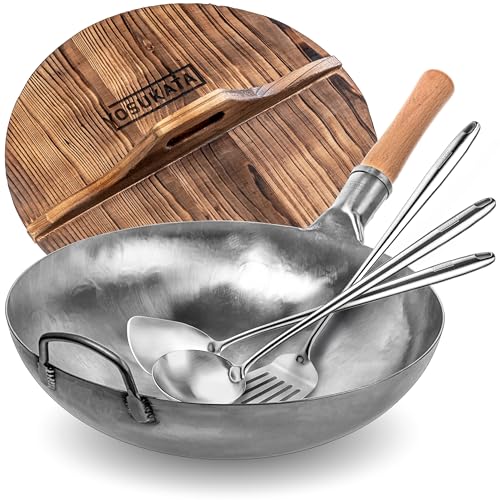 Image of YOSUKATA Silver Round Bottom Wok 14 in + 17" Spatula and Ladle and Turner Spatula + Premium Wok Cover 14 inch Pan Lid