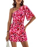 BTFBM Women's 2023 Summer One Shoulder Romper Short Sleeve Boho Floral Print Tie Waist Party Beach Casual Short Jumpsuits(Floral Rose Red, Small)